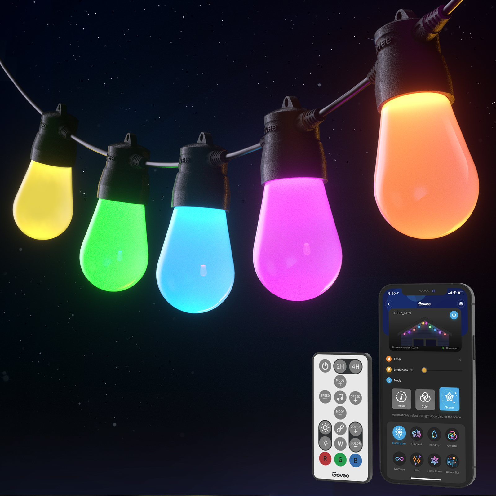 ریسه هوشمند فضای باز 15 متری گووی مدل Govee RGBIC Smart Outdoor S14 Bulb String Lights H7020