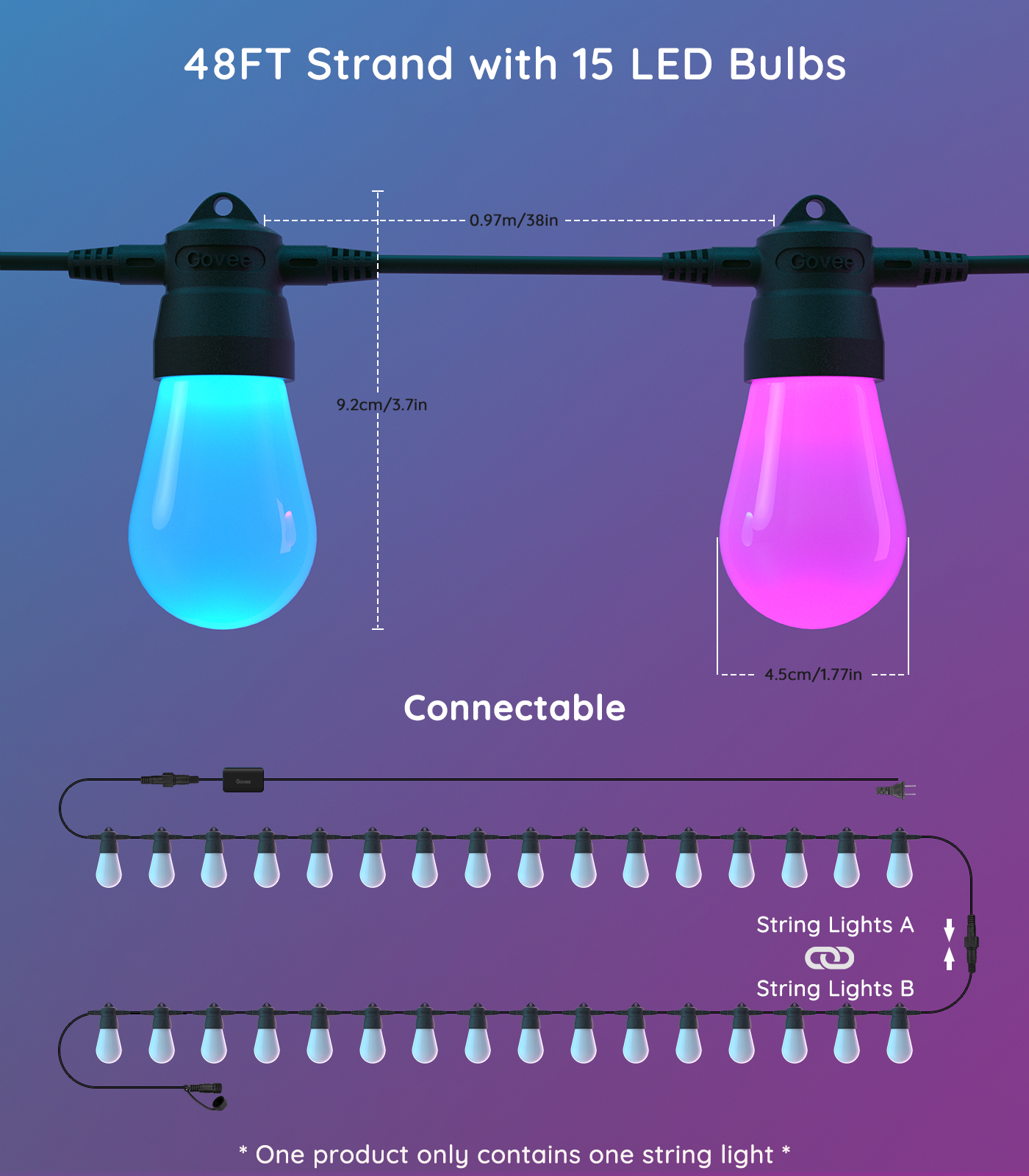 ریسه هوشمند فضای باز 15 متری گووی مدل Govee RGBIC Smart Outdoor S14 Bulb String Lights H7020