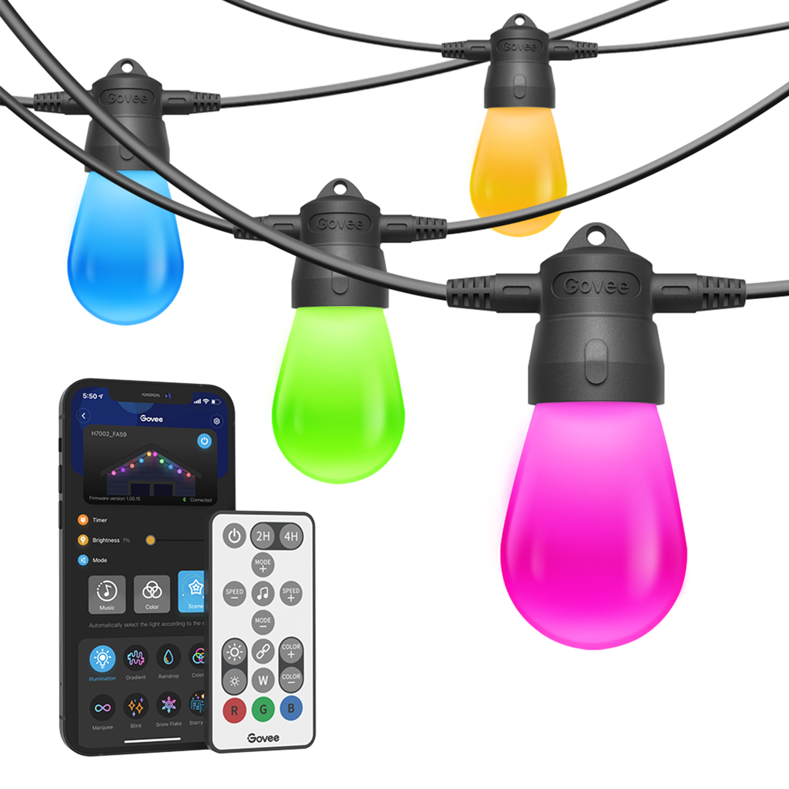 ریسه هوشمند فضای باز 15 متری گووی مدل Govee RGBIC Smart Outdoor S14 Bulb String Lights H7020