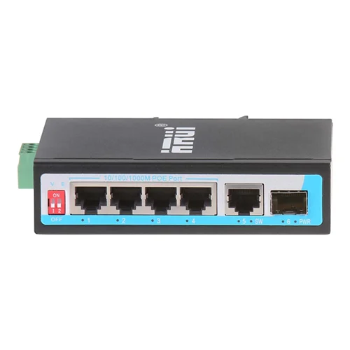 سوئیچ شبکه PoE صنعتی دارای ۴ پورت و ۱ پورت آپلینک و ۱ پورت SFP گیگ پهنای باند Gbps۱۲ اچ ار یو ای HRUI HR500-AFG-411S