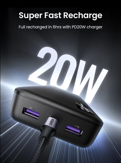 پاوربانک یوگرین 20 وات ظرفیت 20000 میلی‌آمپر ساعت | UGREEN PB312